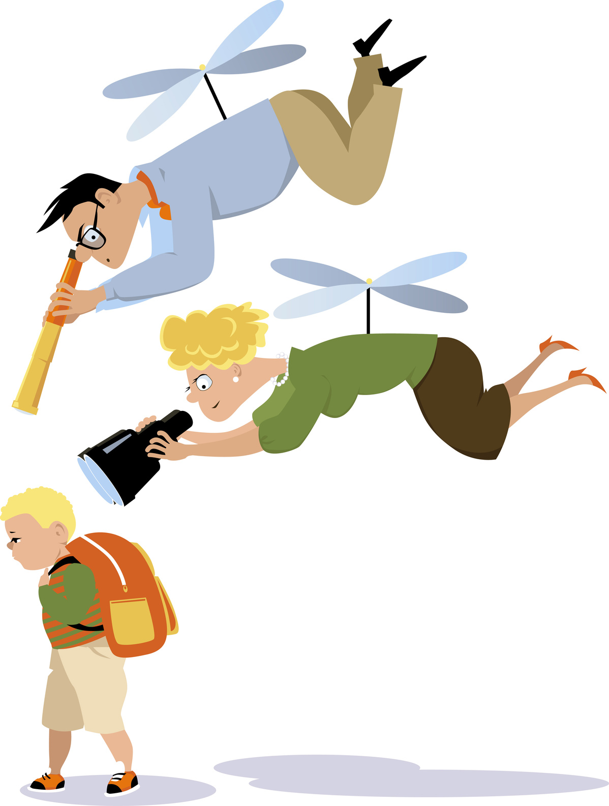 Helicopter parents hovering over a child with a telescope and a binoculars, EPS 8 vector illustration